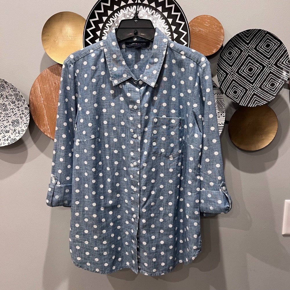 Tommy Hilfiger Womens Blue Polka Dot Cotton Chambray Roll Tab Button Down Shirt
